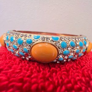 Enamel Bracelet - Teal, Orange, Clear Jewels
